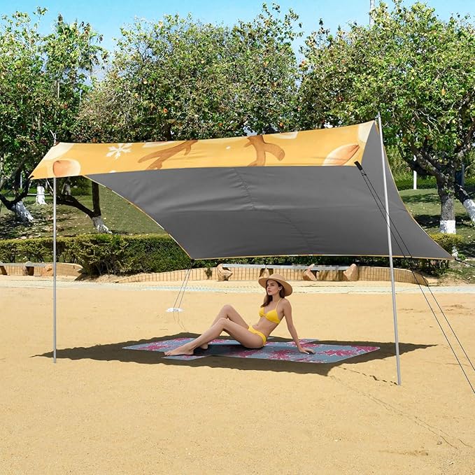 Tiny Reindeer Face Yellow Stable Beach Tent UPF50+ Water-Resistant Portable Sun Shelter Includes Sand Shovel Sandbags Stability Poles for Family Trips Picnics &amp Camping