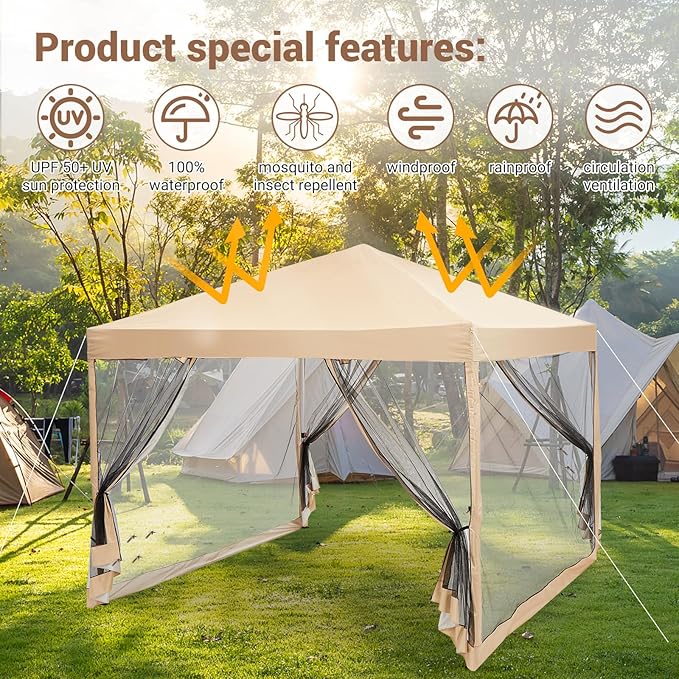 Quick Setup Pop Up Canopy Tent 10x10ft – Waterproof Outdoor Shade Gazebo Mesh Mosquito Netting Sidewalls Portable Shelter for Camping Patio Beach Parties Events