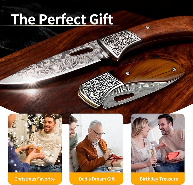 Damascus Steel Folding Knife 7.1 Multi-Purpose Pocket Knife Red sandalwood handle with a sharp blade suitable for cutting meat carving wood and outdoor activities(style C)