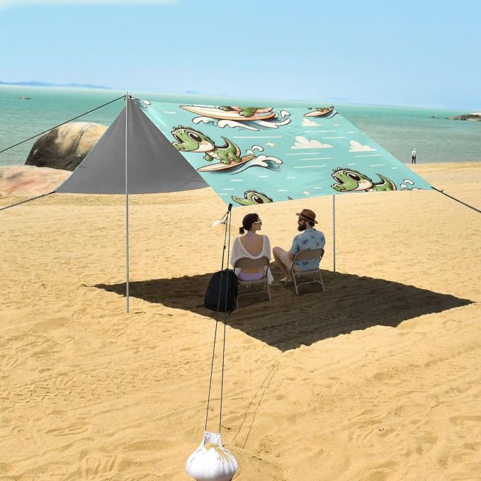 ALAZA Cute Crocodile Surfing Beach Tent Sun Shelter UPF50+ Protection Beach Shade Canopy w/ 4 Sandbags for Outdoor Camping Fishing Backyard Fun Picnic 10x9 ft