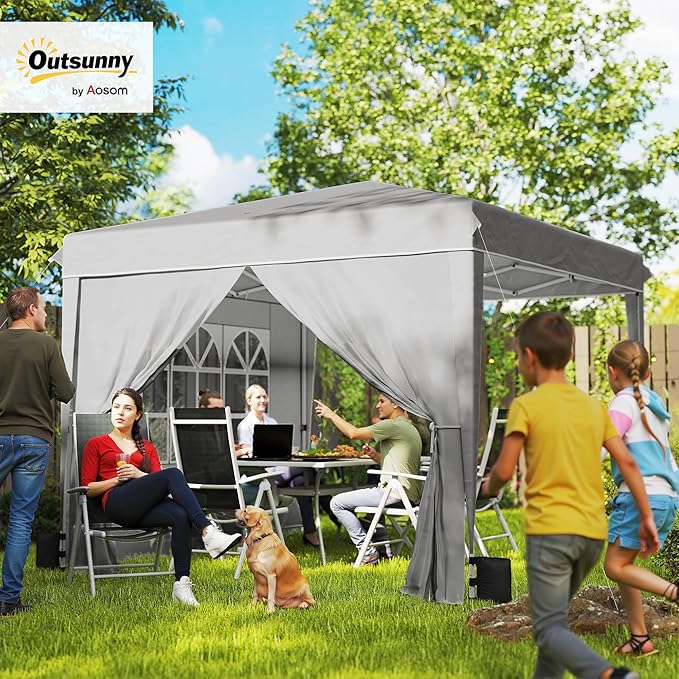 Outsunny 10 x 10 ft Pop Up Canopy Tent with Sidewalls UPF50+ Outdoor Portable Instant Canopy Shelter with Carry Bag Sandbags Adjustable Height for Parties Events Camping Light Gray
