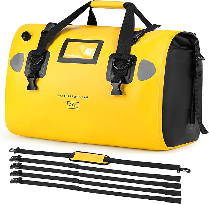 HOMIEE 40L Waterproof Duffel Bag Waterproof Motorcycle Dry Trave Bag Tail Bag with Roll Top Closure &amp Shoulder Straps Outer Mesh Zipper Pocket for Camping Kayaking Fishing &amp Traveling