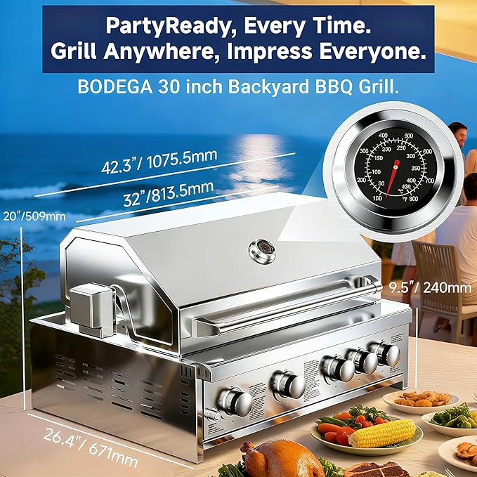 BODEGA 5 Burner Built In Gas Grill Island Head Stainless Steel 30 Inch Propane Grill with Rear Burner 58000 BTUs 988.5 SQ In Racks Dual Fuel Compatibility Gas Grill Outdoor Cooking BBQ Fork Kit.