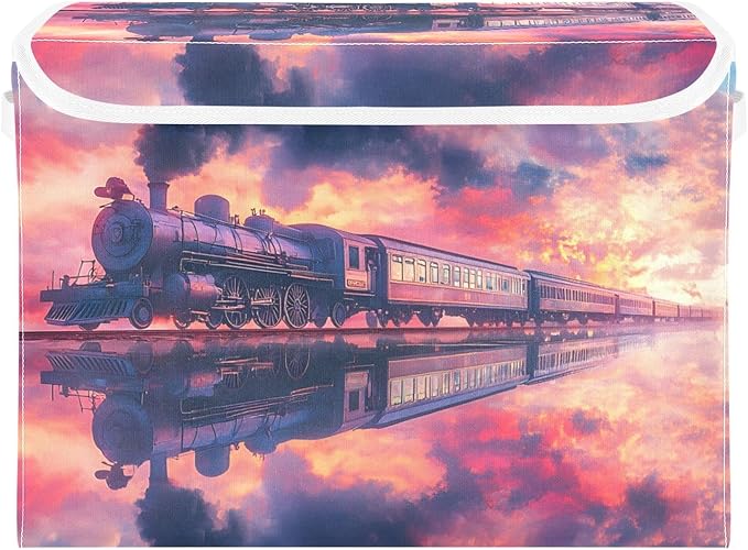 Storage Cube with Lid Surreal Train Print 16.5×12.6×11.8 IN Collapsible Large Capacity Foldable Storage Basket Bin Organizer
