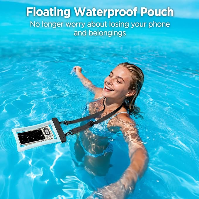 CACOE [Floatable Floating Universal IPX8 Waterproof Phone case 2 Pack-Up to 10.0Adjustable Lanyard Phone PouchDry Bags for Vacation Beach Pool Kayak Cruise Travel Essentials（Black+Black-#2）