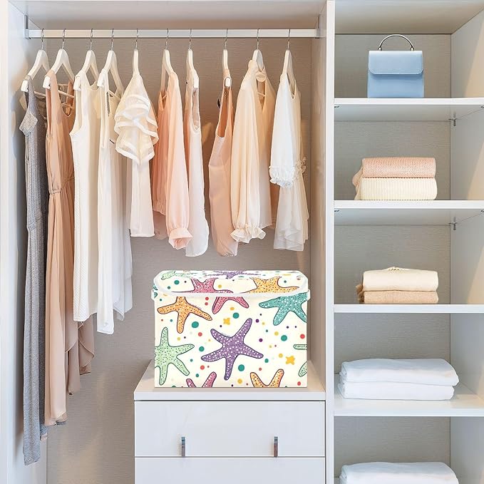 Star Fish Cartoon Storage Cube Bins Basket with Lid Collapsible Flip-top Fabric with Handle for Home Bedroom Closet Office 16.5×12.6×11.8 in