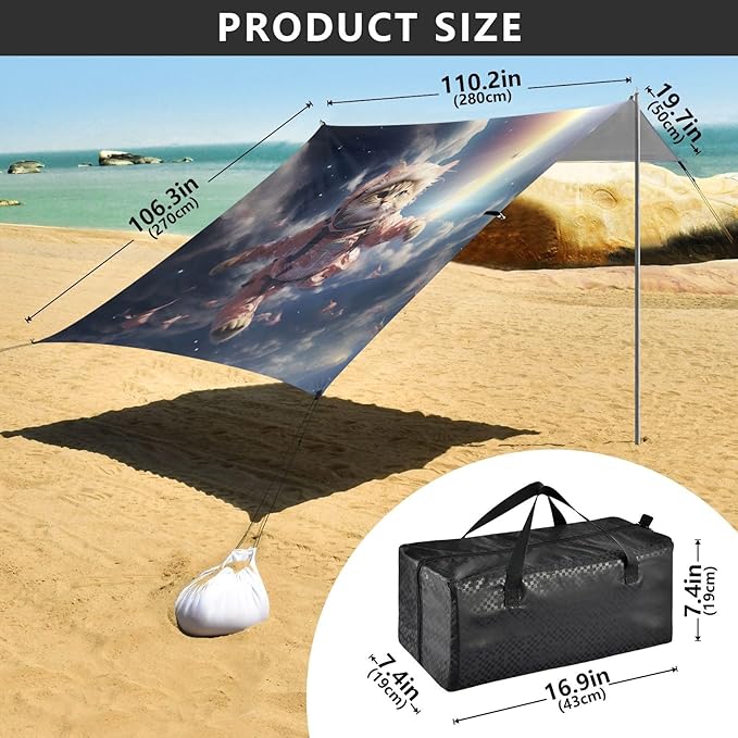 ALAZA Cat Astronaut Funny Beach Tent Sun Shelter UPF50+ Protection Beach Shade Canopy w/ 4 Sandbags for Outdoor Camping Fishing Backyard Fun Picnic 10x9 ft
