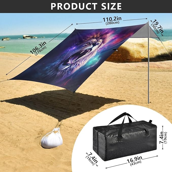 ALAZA Lion Howling Beach Tent Sun Shelter UPF50+ Protection Beach Shade Canopy w/ 4 Sandbags for Outdoor Camping Fishing Backyard Fun Picnic 10x9 ft