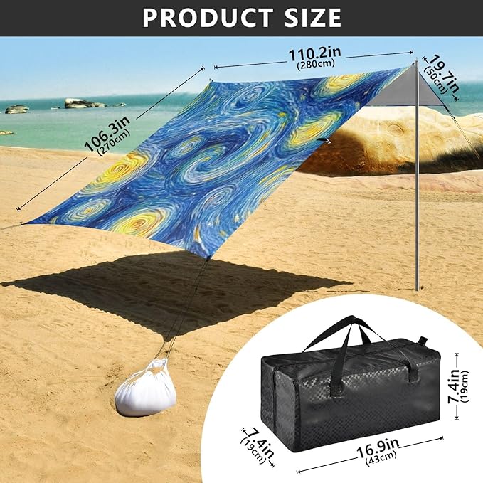 Masterpiece Starry Night Oil Painting6 Beach Tent &amp Canopy UPF50+ Water-Resistant Large Sun Shelter with Sand Shovel for Family Trips Picnics &amp Camping