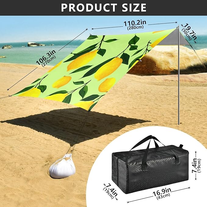 Beach Canopy with Windproof Ropes &amp Sandbags Beach Tent Sun Shade Sun Shelter for Camping Trips Fishing Backyard Fun or Picnics Lemon