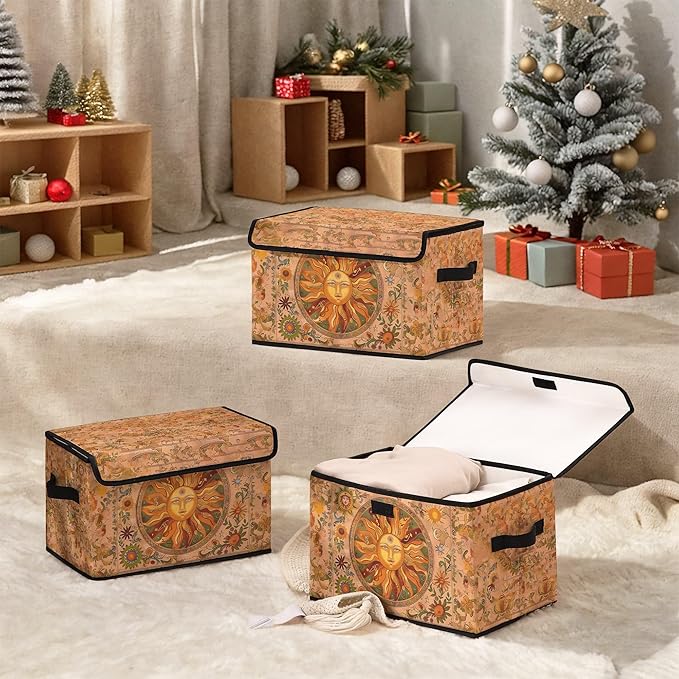 Stackable Clothes Storage Bins with LidsCloset Organizers Fabric Box for Home and OfficeBlanket Clothes OrganizersUnder Bed Storage Containers 3 Pack(Sun).