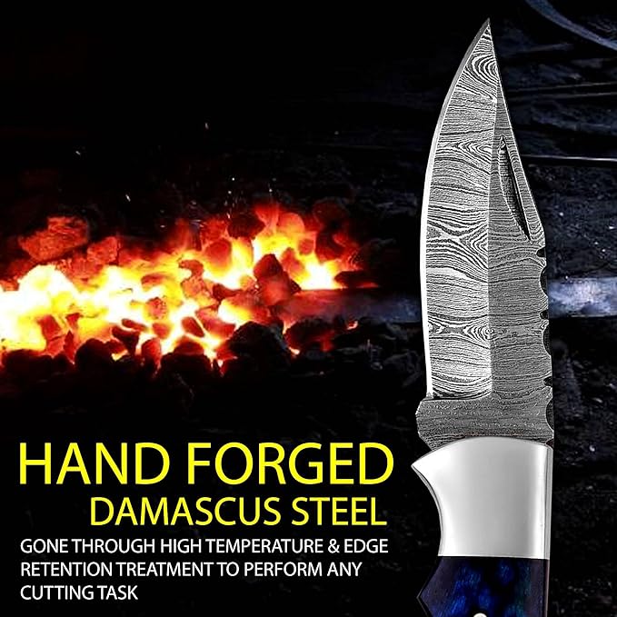 Pocket Knife 2.92 Drop Point Damascus Steel Blade Folding Knife with Blue &amp Black Wood Handle Back Lock EDC Knives with for Men Women GK-751 (Blue)