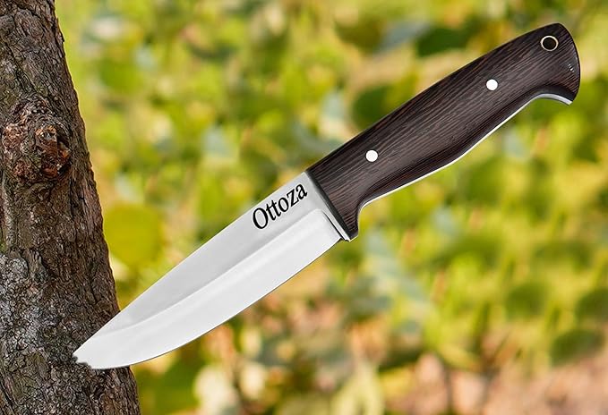Ottoza Full Tang Bushcraft Knife with 1095 Carbon Steel Fixed Blade - Survival and Outdoor Camping Knife - Wenge Wood Handle Brown Leather Sheath 428