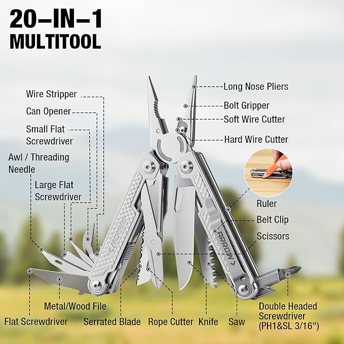 ARROW 20-In-1 Multi Tool Pliers Stainless Steel EDC Multitool with Pocket Knife Sheath and Pocket Clip Safety Locks Multi-Use Tool for Outdoor Camping Hiking