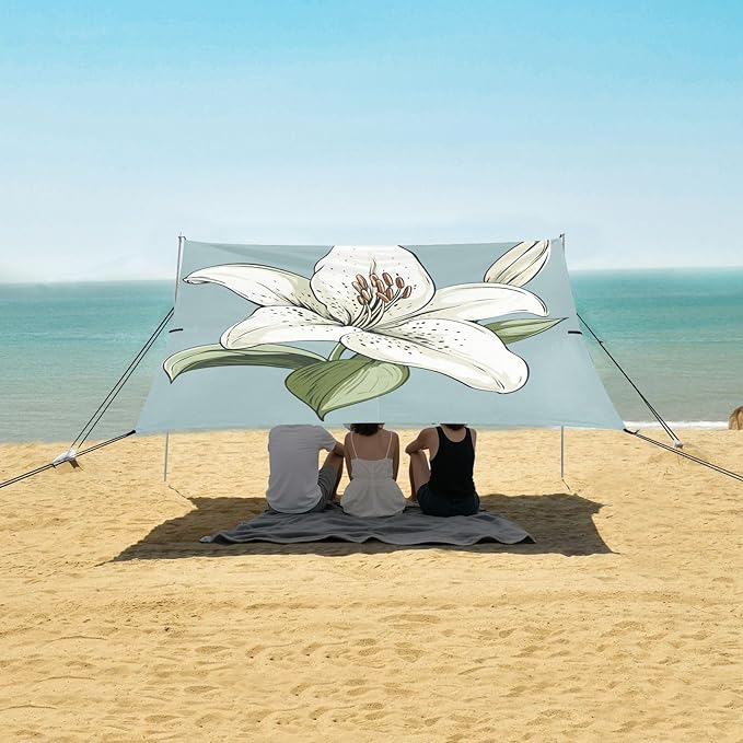 ALAZA Cute Doodle White Lily Beach Tent Sun Shelter Portable Canopy Sunshade for Outdoor Camping Picnics Backyard Fun 10x9 ft