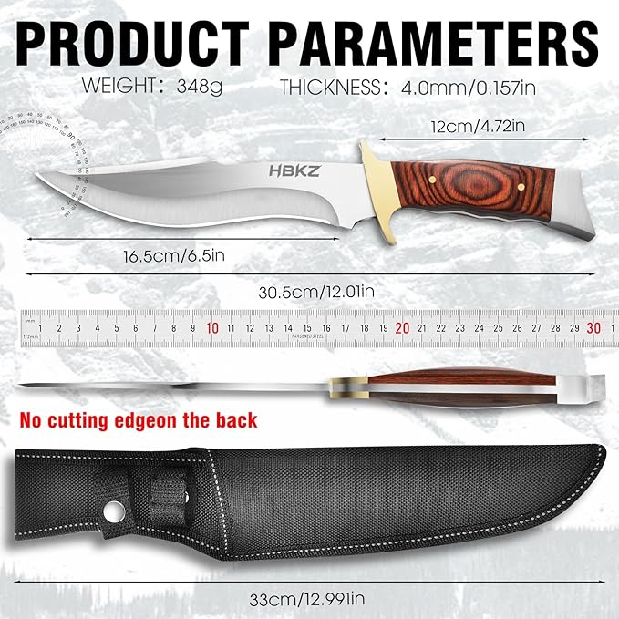 Fixed Blade Survival Knife - 9Cr18 Stainless Steel Hunting Knife - 12 Heavy Duty Bushcraft Knife with Premium Wood Handle - Gift for Men for Camping Hiking &amp Fishing