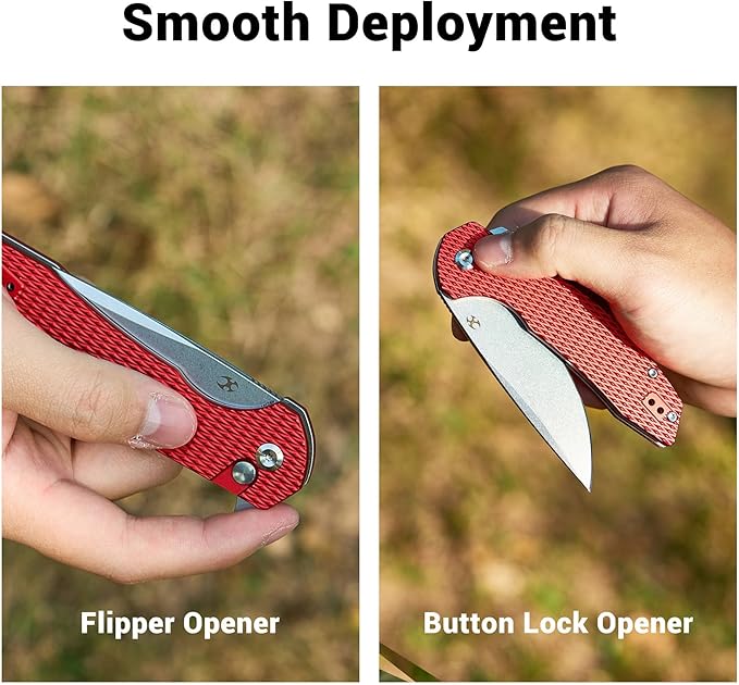 KANSEPT Accipiter Pocket Knife 3.53 Stonewashed 14C28N Blade Red Anodized Aluminum Handle Flipper Open &amp Button Lock with Deep Clip EDC Folding Knives for Camping Hunting Survival T1007F3