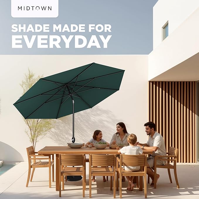 Midtown Umbrellas - 10-Year-No-Fade 10 Ft Patio Umbrella with Terylast Fabric Auto-Tilt Aluminum Frame and 8 Reinforced Ribs for Deck Pool Garden &amp Beach - Forest Green Canopy Black Pole