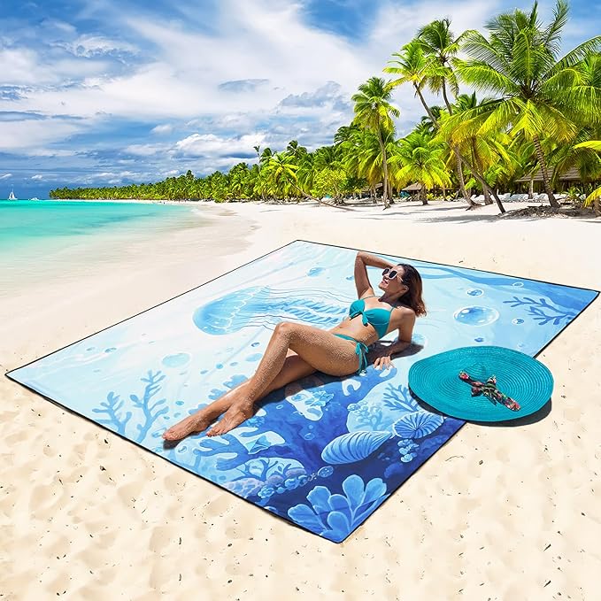 Beach Blanket Waterproof Sandproof Beach Mat 79 X 83/10'x9'for 2-8 Adults Quick Drying Outdoor Picnic Mat Beach Accessories for Travel Camping Hiking