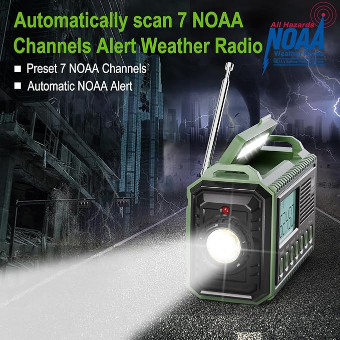 Raynic Emergency Radio 12000mAh/44400mWh Battery Operated Weather Radio Solar Hand Crank Radio with AM/FM/SW/NOAA Alert Cell Phone Charger Type-C Charging Flashlight and SOS Siren