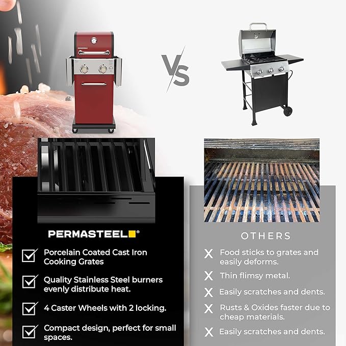 Permasteel 2-Burner Propane Gas Grill BBQ Grill with Foldable Side Tables &amp Tool Hooks Perfect for Outdoor Cooking Patio &amp Garden Red