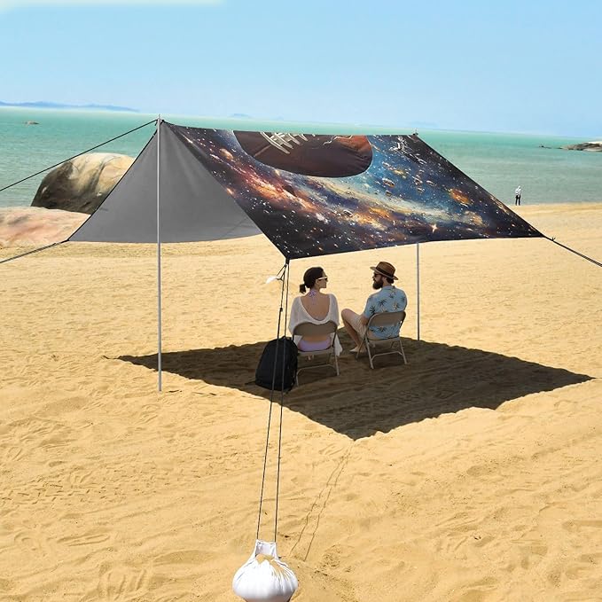 ALAZA Football in Space Beach Tent Sun Shelter UPF50+ Protection Beach Shade Canopy w/ 4 Sandbags for Outdoor Camping Fishing Backyard Fun Picnic 10x9 ft
