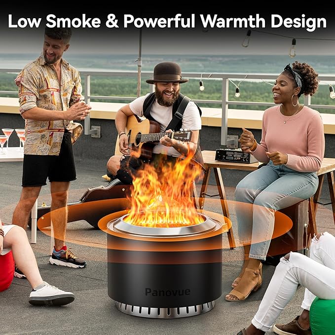 Panovue 22 inch Smokeless Fire Pit with Waterproof Cover Stainless Steel Outdoor Smokeless Firepit Wood Burning Fire Pits for Camping BonfireLow Smoke Firepit for Outside[Black]