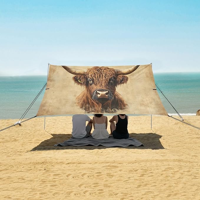 Vintage Highland Cow Beach Tent Sun Shelter Set UPF50+ UV Protection 10.5 x 9.19 FT Camping Shade Canopy with Sandbags Sand Anchors Carrying Bag and Others