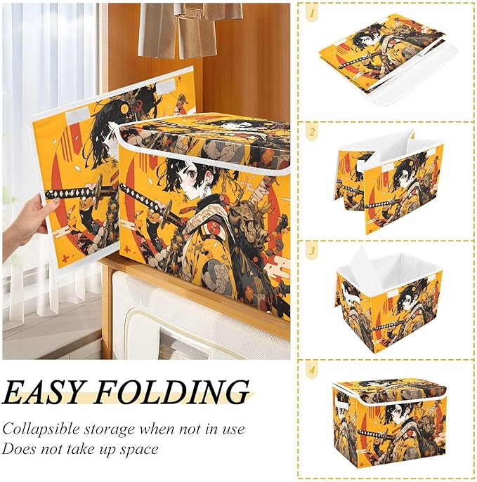 Anime Samurai Yellow Storage Cube Bins Basket with Lid Collapsible Flip-top Fabric with Handle for Home Bedroom Closet Office 16.5×12.6×11.8 in