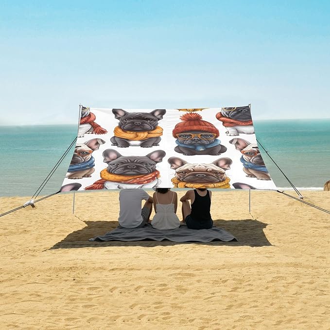 ALAZA French Bulldogs with Hat Dogs Beach Tent Sun Shelter UPF50+ Protection Beach Shade Canopy w/ 4 Sandbags for Outdoor Camping Fishing Backyard Fun Picnic 10x9 ft