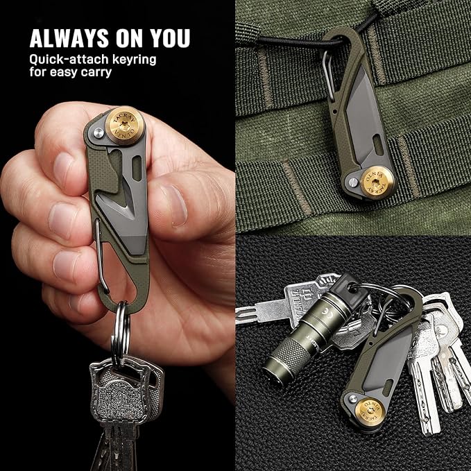 TACRAY Vinto 5-in-1 Small Pocket Knife – Ultra-Light Compact Multitool with Utility Knife Seatbelt Cutter Bottle Opener Flathead Screwdriver &amp Keyring Attachment for Everyday Carry (Green)
