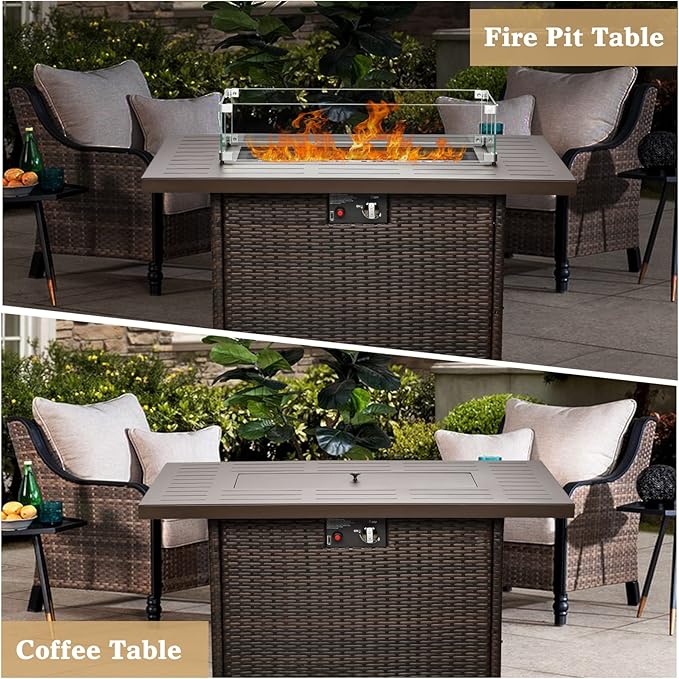 Propane Fire Pit Table44 Inch 55000 BTU Outdoor Gas Fire Pit Rectangular with Glass Wind Guard for Outside Patio Deck (Brown-Aluminum Top)