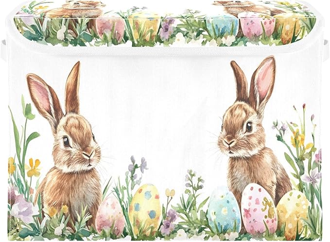Christmas Storage Baskets with Lids Cute Bunnies Easter Eggs Collapsible Bins Stackable Fabric Linen Baskets Closet Organizer Container 16.5x12.6x11.8