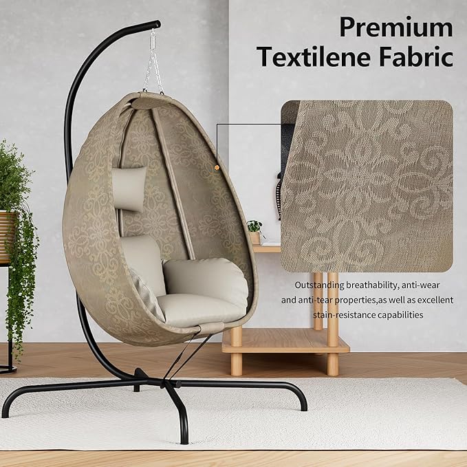 ALAULM Foldable Egg Chair with Stand 485LBS Capacity Textilene Hammock Swing Chair for Outdoor &amp Indoor Patio Hanging Chair with Strong Frame &amp UV Resistant Cushion for Balcony Bedroom Cre