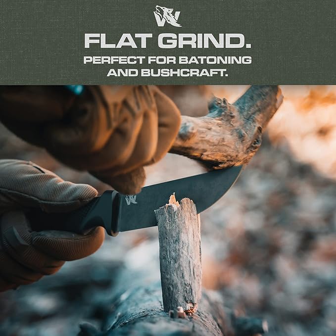 ODENWOLF W-FLAT Full Tang Survival Knife with Sheath - Stylish Tactical Fixed Blade - Made of D2 Steel - Bushcraft and Camping Knife Survival - Perfect EDC Hunting Knife with TPE Handle