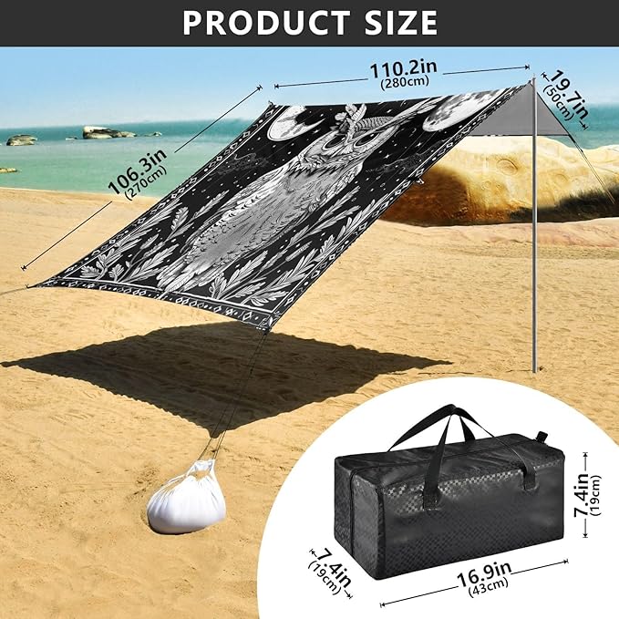 ALAZA Owl Moon Mysticism Beach Tent Sun Shelter UPF50+ Protection Beach Shade Canopy w/ 4 Sandbags for Outdoor Camping Fishing Backyard Fun Picnic 10x9 ft