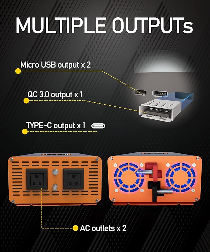 2000W Pure Sine Wave Power Inverter Car Power Inverter 12V to 120V AC Converter with Remote Cable LCD Display 2AC+3USB Type-C Port Surge 4000W for Camping Emergency Vehicles Truck RV