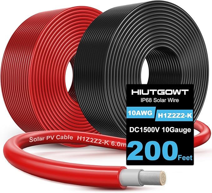 2x200Ft Solar Wire 10AWG Solar Cables Solar Extension Cable 10 Gauge Tinned Copper PV Wire for Roofs RV Boat Automotive Camping Solar Panels Solar Chargers