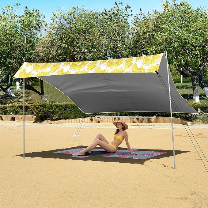 ALAZA Lemon Slices Beach Tent Sun Shelter UPF50+ Protection Beach Shade Canopy w/ 4 Sandbags for Outdoor Camping Fishing Backyard Fun Picnic 10x9 ft