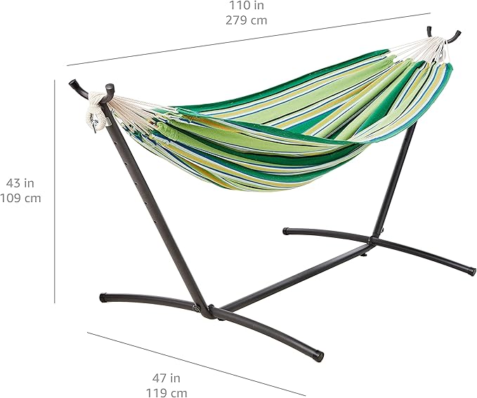 Amazon Basics Double Hammock with 9-Foot Space Saving Steel Stand and Carrying Case 450 lb Capacity Vigor Green 110 x 47 x 43