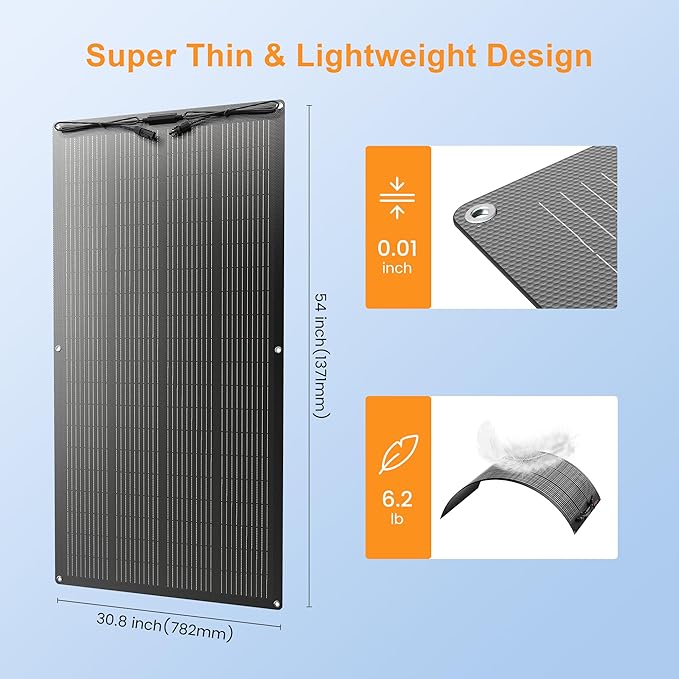 200 Watts Flexible Solar Panel N Type Portable Bendable 24 Volts 10BB Mono Cell 25.3% Efficiency for RV Camping Home Boat Marine Curve Surface Black