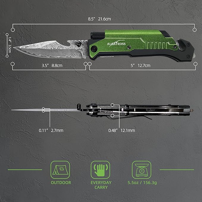 Father's Day Mother’s Day Birthday Gift for Him/Her: ALBATROSS 7-in-One Multi-Tool Pocket Knife for Men Women with LED Flashlight Fire Starter &amp Glass Breaker 3.5 Damascus Folding Survival Kn