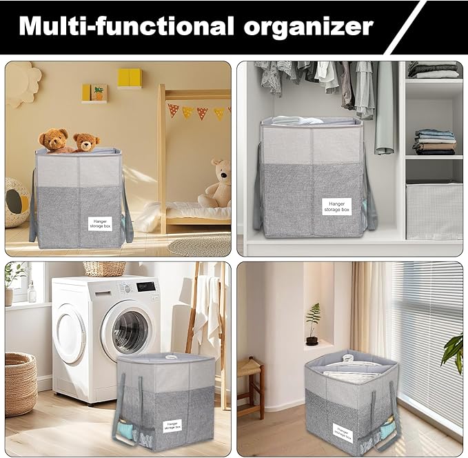 2 Pack Clothes Hanger Organizer Bag with Lid Rigid Hanger Storage ContainersHanger Caddy Organizer Box with Handle and Label Window Keep Closet Laundry Rooms Tidy (17 inch HeightGrey)