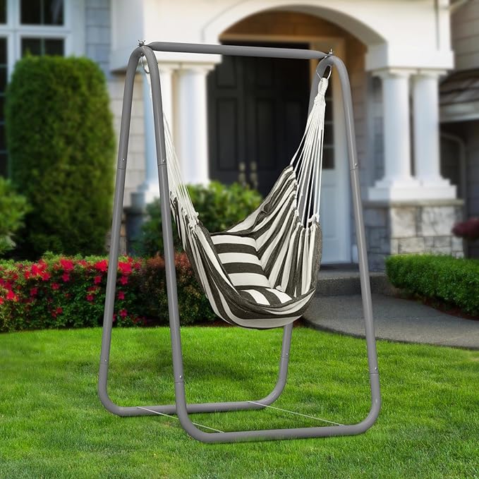Hammock Chair Stand A-Frame Swing Stand for Indoor &amp Outdoor 220lbs Capacity Includes Pillow Powder-Coated Steel for Patio Garden Backyard(Included Hammock)