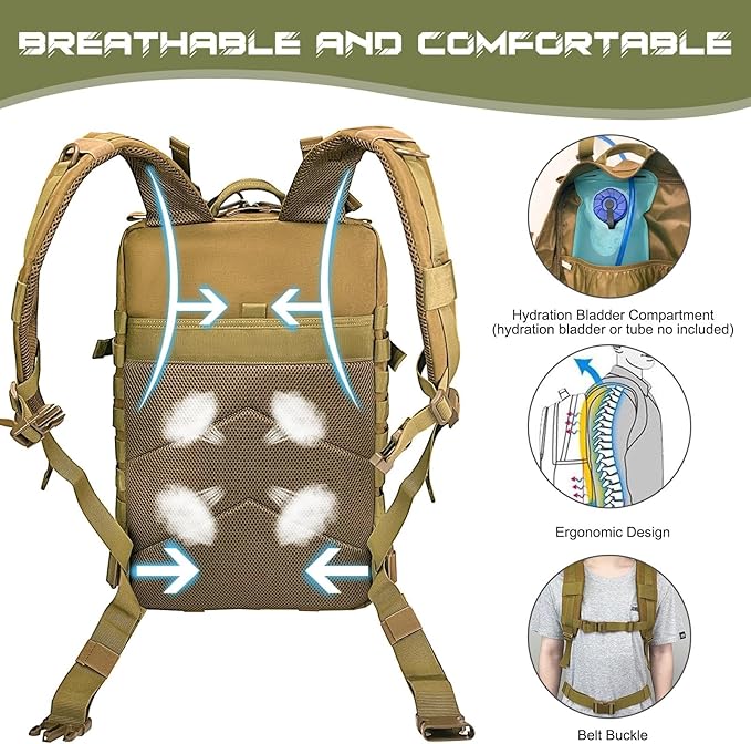 WOLT Military Tactical Backpack for Men 45L Molle Backpack 3 Day Assault Pack Bug Out Bag Heavy Duty Rucksack for Hiking Gym(Khaki)
