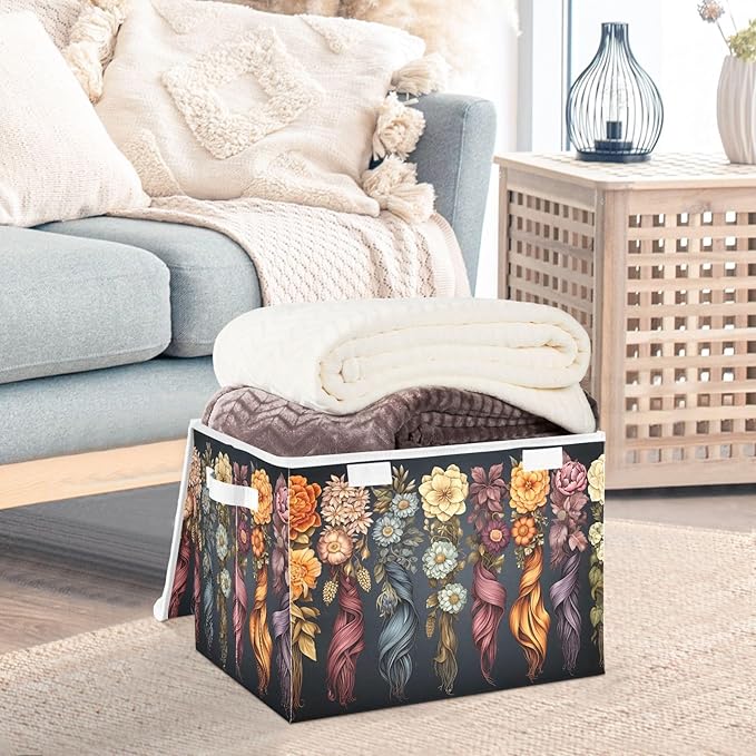 Aesthetic Flowers Storage Cube with Lid Collapsible Fabric Storage Bins Basket with Handle for Home Bedroom Closet Office 16.5×12.6×11.8 in
