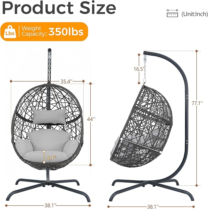 BULEXYARD Oversized Hanging Egg Chair with Stand Indoor Outdoor Grey Wicker Bird Cage Swing Chair Patio Hammock Egg-Shaped Chair with Light Grey Cushion for Sunroom Deck 350lbs Capacity