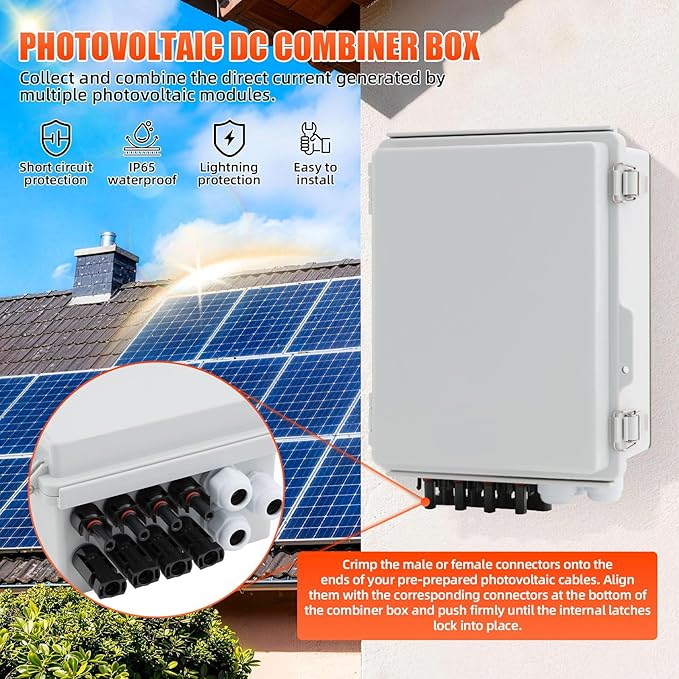 4 String Solar Combiner Box IP65 Waterproof PV Combiner Box with 20A Rated Current Fuse 63A Air Circuit BreakerLightning Arrester for On/Off Grid Solar Panel System