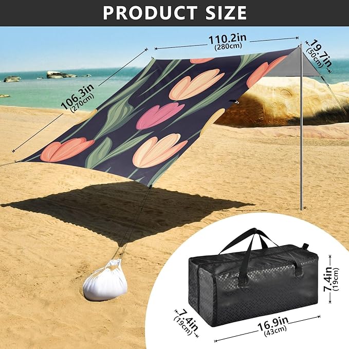 ALAZA Colorful Tulip Flower Beach Tent Sun Shelter Portable Canopy Sunshade for Outdoor Camping Picnics Backyard Fun 10x9 ft