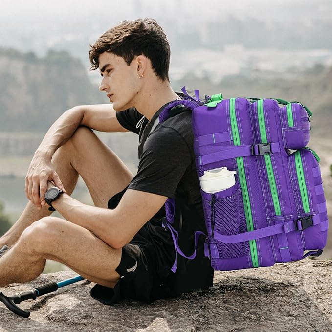 Lovelinks21 45L Tactical Assault Backpack 3 day assault pack with Molle Waterproof backpack Rucksack for Tactical Backpacks (Purple Green)
